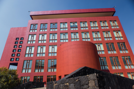  Panoramic view of EGADE Mexico City. Red Building. Front view